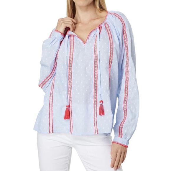 Lilly Pulitzer Top Mardi Long Sleeve Chambray Peasant Blouse Beachy Vacation - Picture 1 of 10